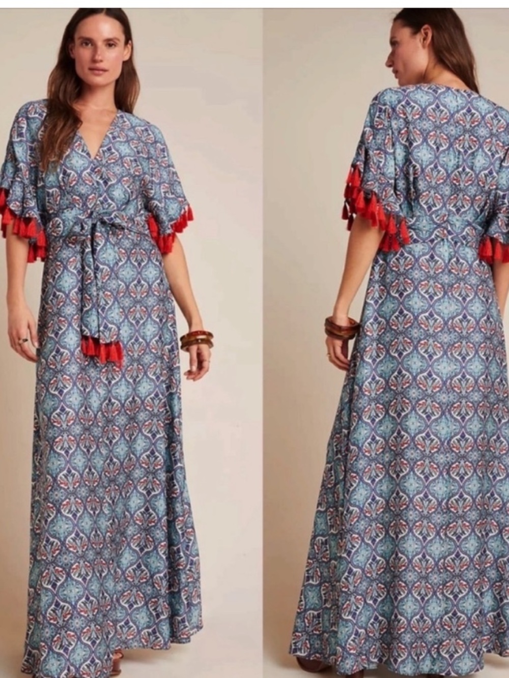 Anthropologie Sachin and Babi maxi Dress with Red tassels size 8